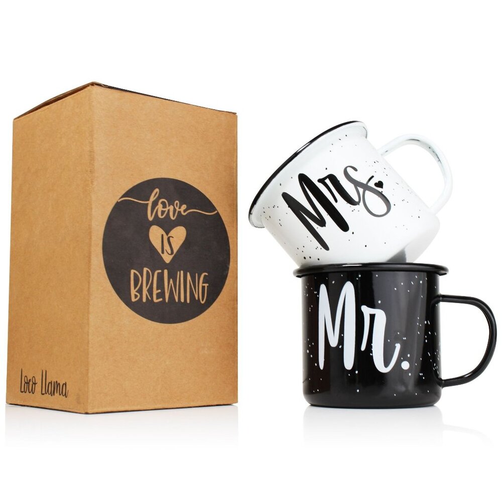 Mr and Mrs Mugs - Stainless Steel Enamel Coated Campfire Coffee Mugs with Gift B